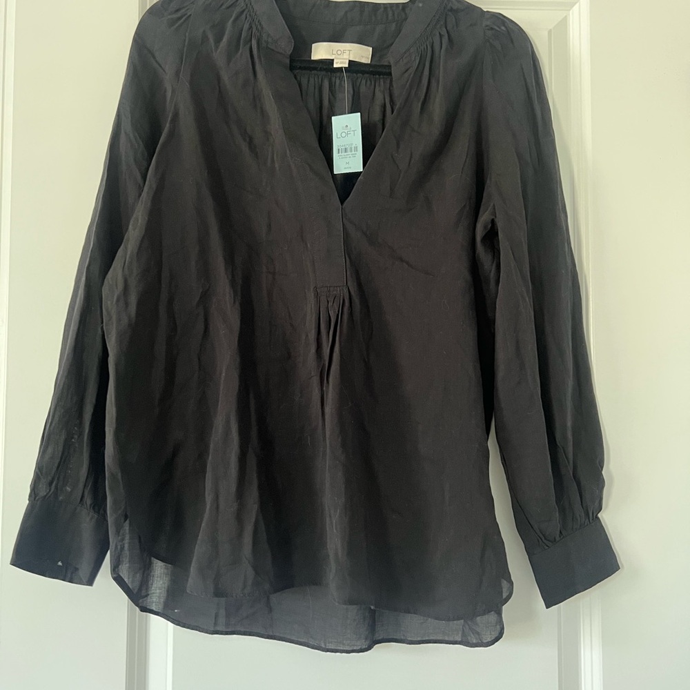 LOFT Black Relaxed Blouse with Mandarin Collar